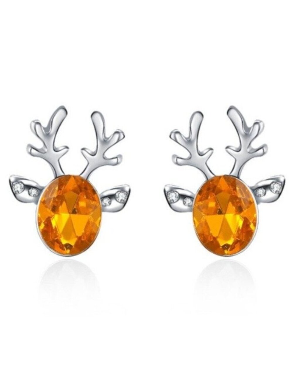 Orange Crystal Christmas Reindeer Silver Stud Earrings
